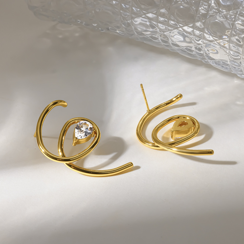 Simple Series Daily Droplet Lines Stainless Steel Waterproof   Gold Color  Zircon Women's Stud Earrings Picture2