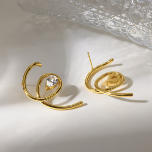 Simple Series Daily Droplet Lines Stainless Steel Waterproof   Gold Color  Zircon Women's Stud Earrings h5 Picture2