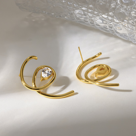 Simple Series Daily Droplet Lines Stainless Steel Waterproof Gold Color Zircon Women's Stud Earrings 2
