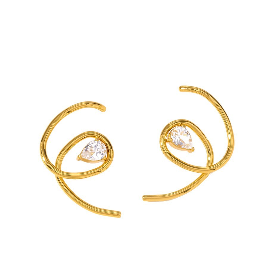 Simple Series Daily Droplet Lines Stainless Steel Waterproof   Gold Color  Zircon Women's Stud Earrings Picture5