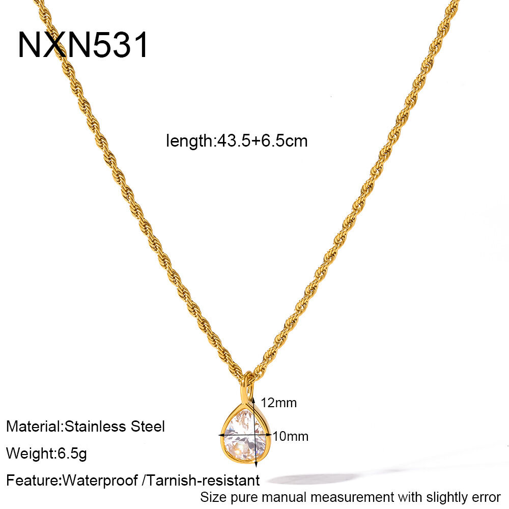 Simple Droplet Ellipse Shape Stainless Steel Waterproof Gold Color Zircon Women's Pendant Necklaces