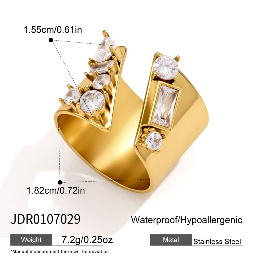 Luxurious Series Daily Irregular Shape Stainless Steel Waterproof   Gold Color  Zircon Women's Gemstone Rings 
