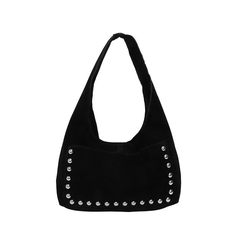 Casual Style Studded Solid Color Rivet Suede Women's Round Shoulder Bags