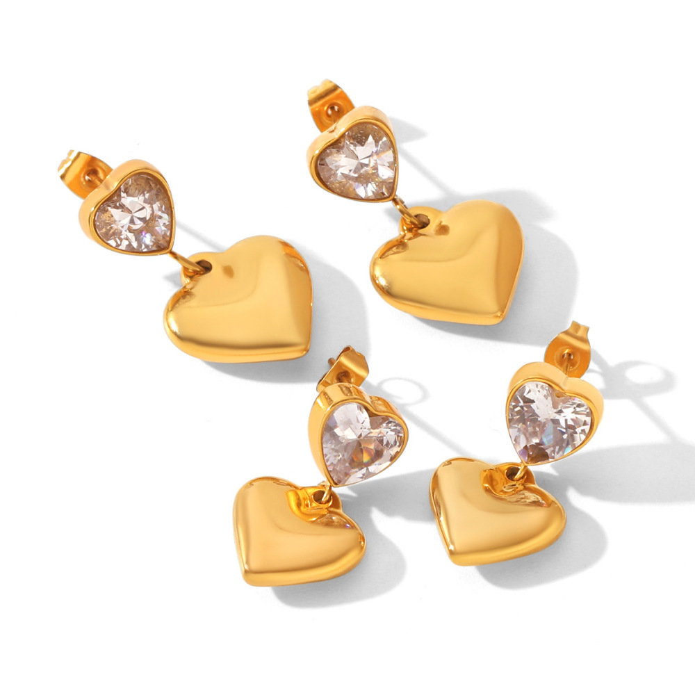 Heart Stainless Steel Waterproof Gold Color Zircon Women's Drop Earrings Picture6