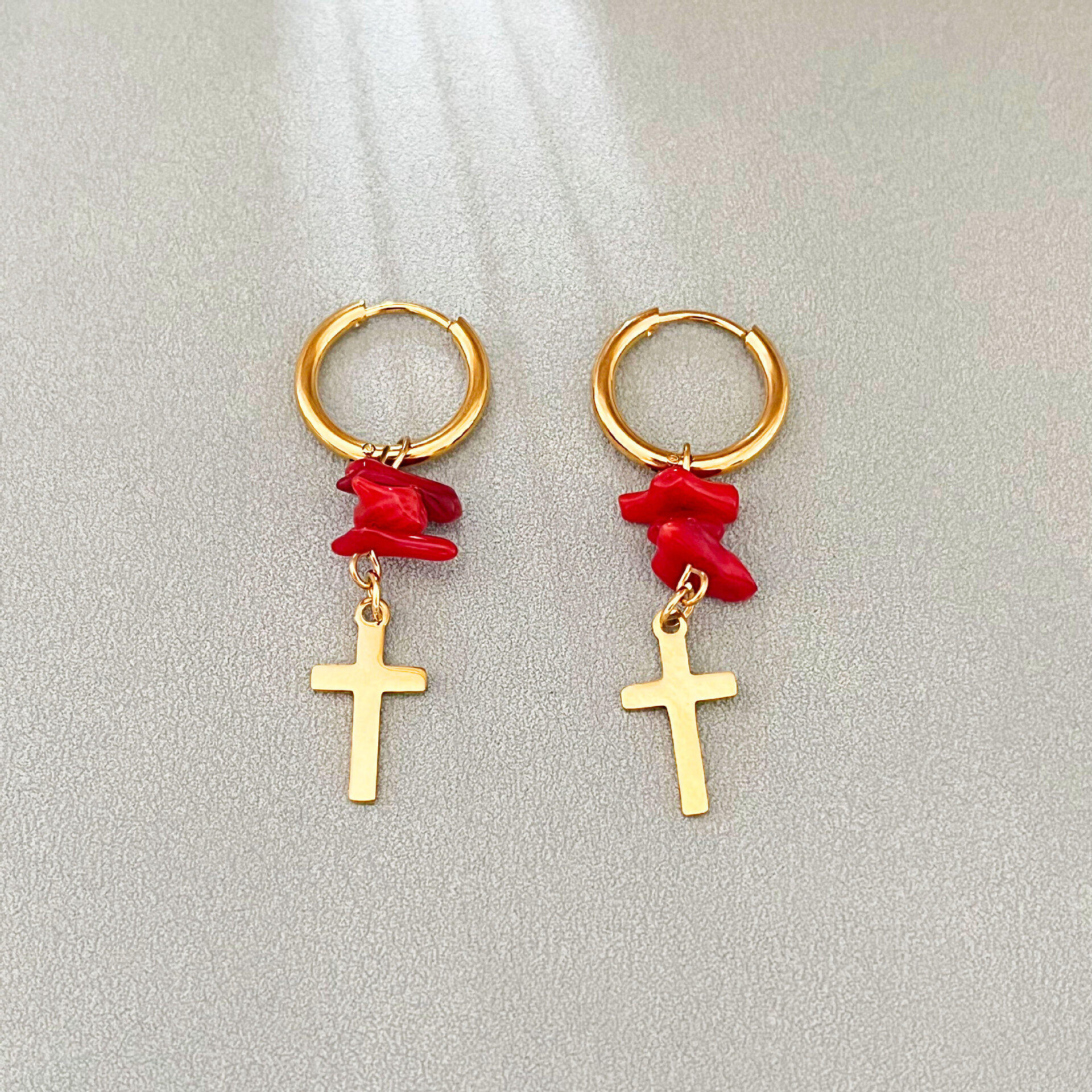 Boucles D'Oreilles Créoles Pour Femme, Élégantes, En Forme De Cœur Et De Croix, En Acier Inoxydable, Couleur Or, Imperméables, Avec Pierres Naturelles. Collection Simple. h5 