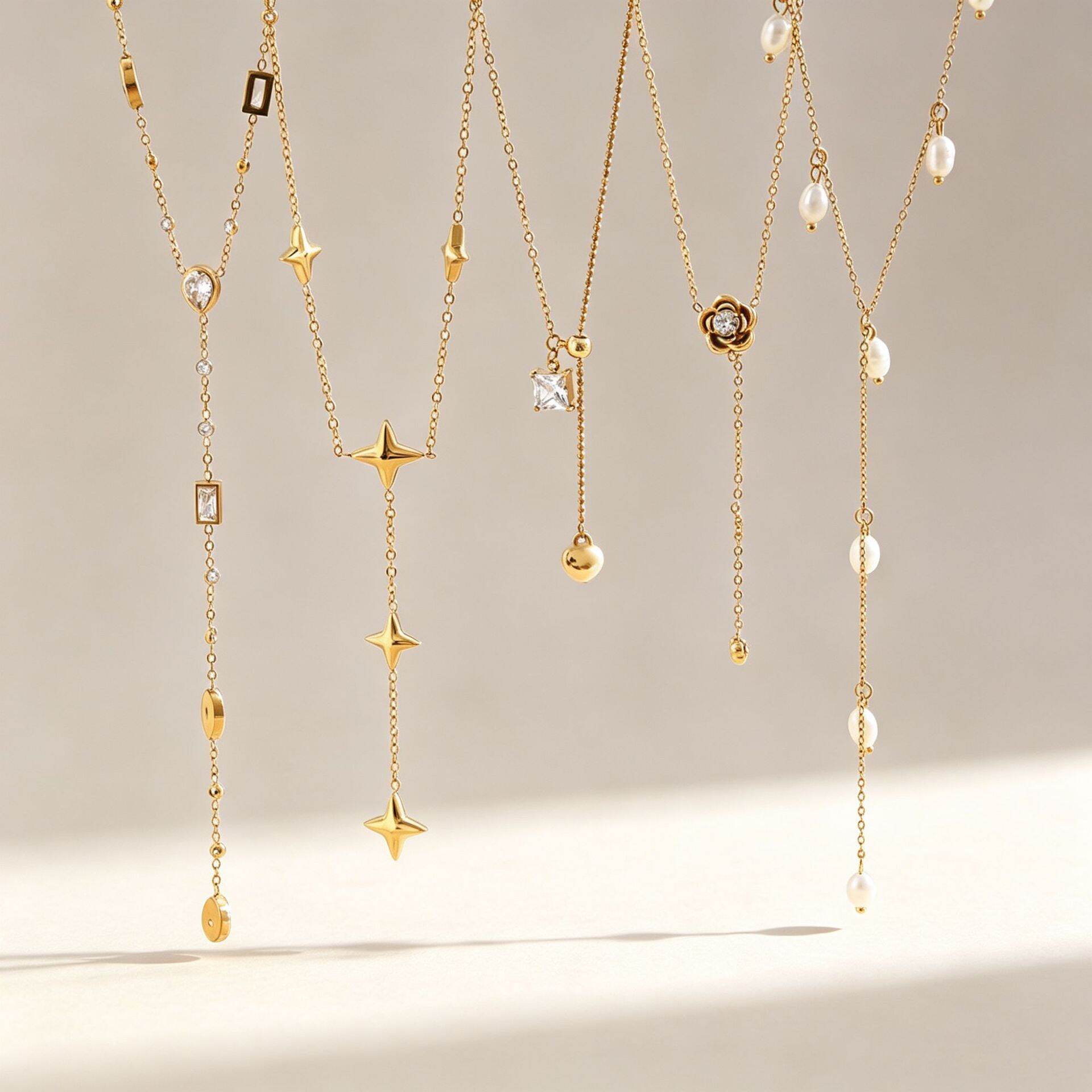 Collares de cadena para mujer de acero inoxidable con circonita dorada, elegantes y con forma de estrella elíptica, resistentes al agua, de la serie Simple.