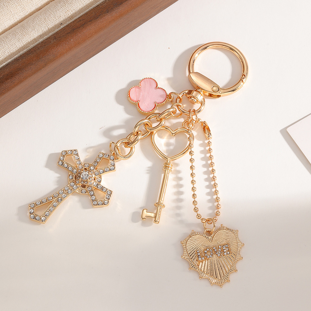 Luxurious Series Casual Letter Heart Cross Key Chain Clover Lock Alloy Rhinestone Keychain Picture3