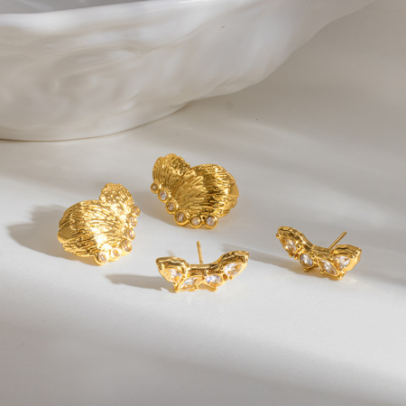 Butterfly Wings Shape Stainless Steel Waterproof Gold Color Zircon Women's Stud Earrings