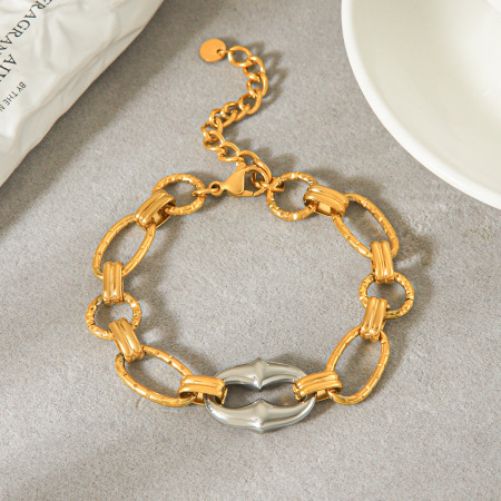 Simple Series Daily Mixed Gold Color And Silver Colors Ellipse Shape Stainless Steel Waterproof   Gold Color  Women's Chain Bracelets 2