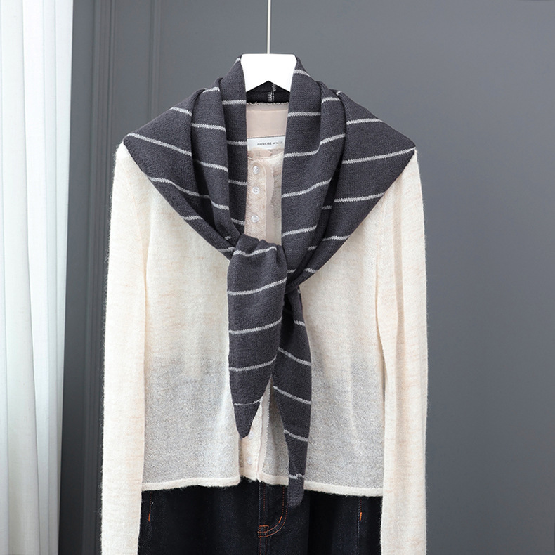Simple Series Daily Solid Color Stripe Wool Polyester Blend Triangular Scarves 