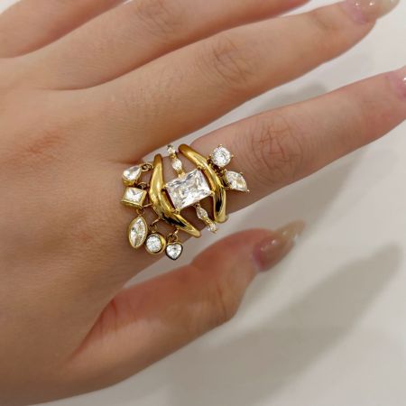 Luxurious Series Daily Droplet Irregular Shape Stainless Steel Waterproof Gold Color Zircon Women's Gemstone Rings