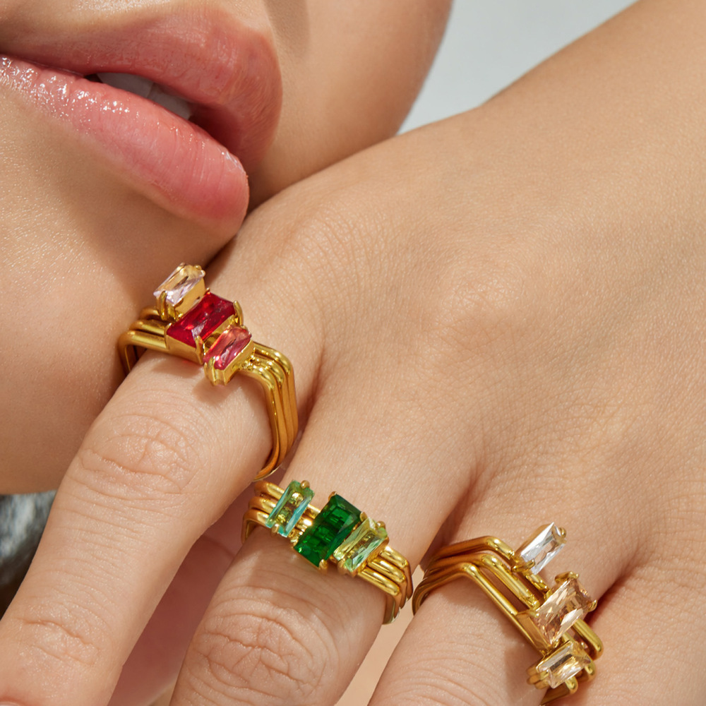 Luxurious Series Rectangle Stainless Steel Waterproof  Gold Color Zircon Women's Gemstone Rings Picture4
