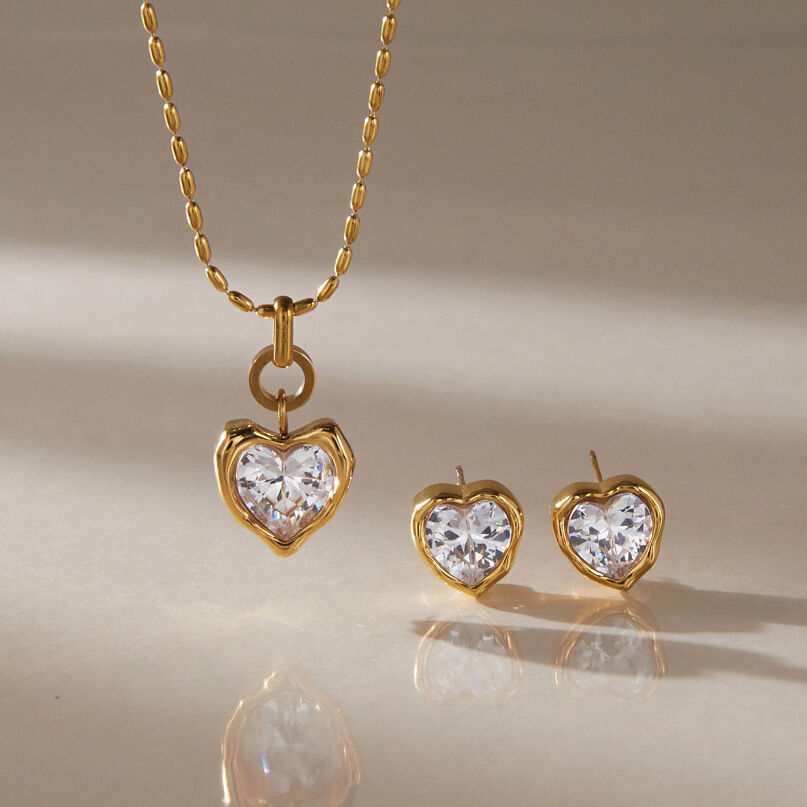 Heart Stainless Steel Waterproof Gold Color Zircon Women's Necklaces Sets