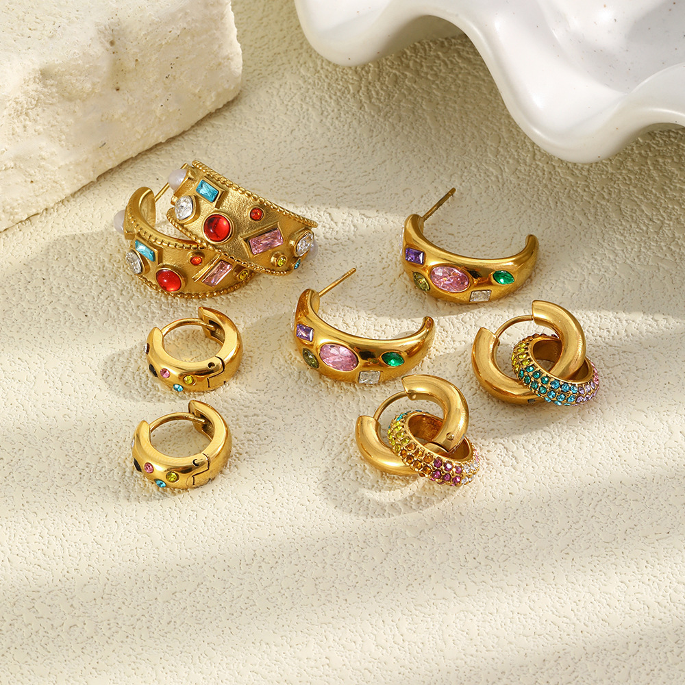 Luxurious Series Daily Irregular Shape Mixed Color Stainless Steel Waterproof Gold Color Women's Stud Earrings h5Picture2
