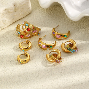 Luxurious Series Daily Irregular Shape Mixed Color Stainless Steel Waterproof Gold Color Women's Stud Earrings h5 Picture2