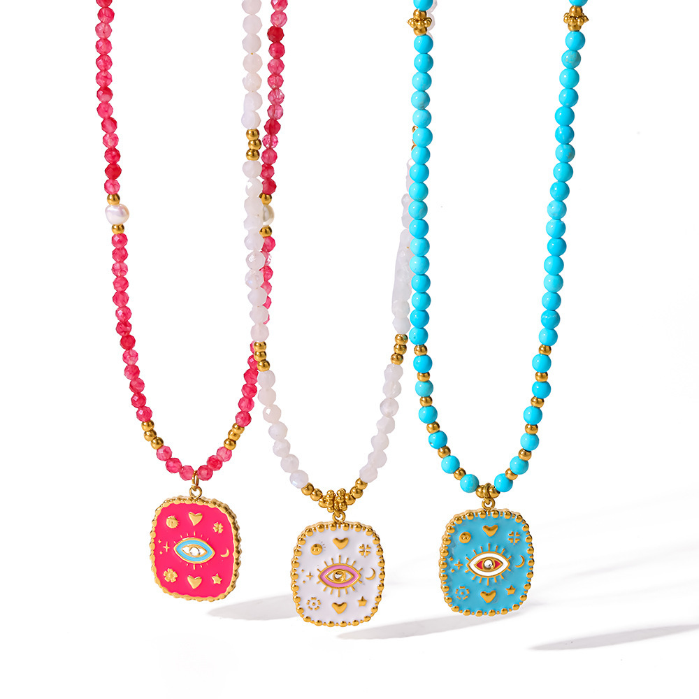 Simple Series Bohemian Devil's Eye Geometric Shape Stainless Steel Waterproof   Gold Color  Women's Beaded Necklaces Picture4