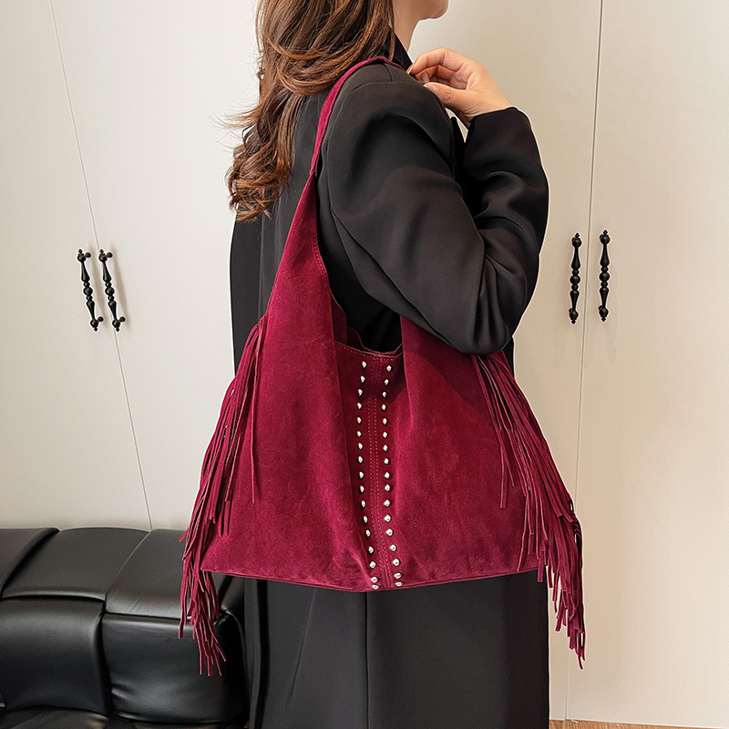 Boho Style Studded Tassel Solid Color Tassel Rivet Suede Women's Tote Shoulder Bags Picture5