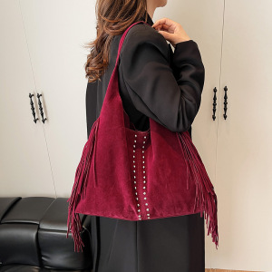 Boho Style Studded Tassel Solid Color Tassel Rivet Suede Women's Tote Shoulder Bags h5 Picture5