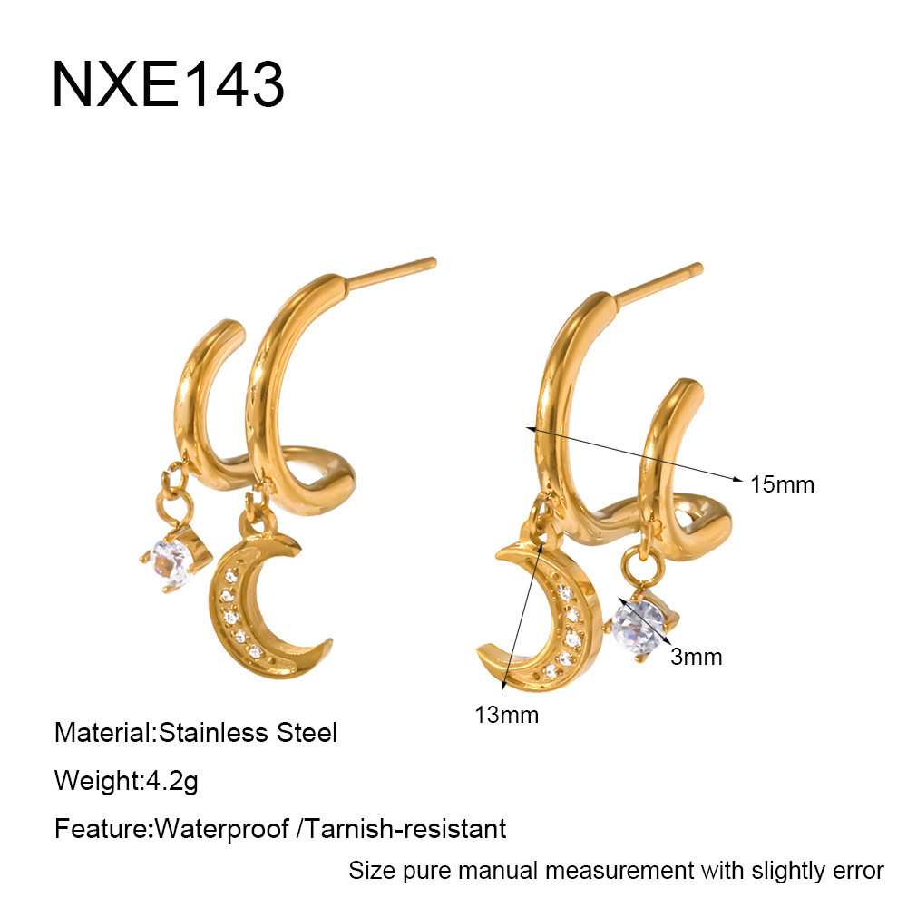 Romantic Series Daily Lines Moon Stainless Steel Waterproof   Gold Color  Zircon Women's Stud Earrings 