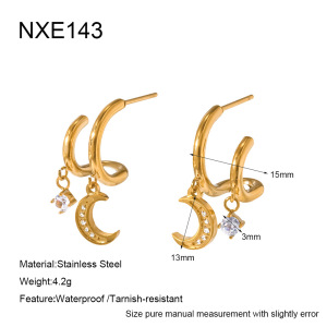 Romantic Series Daily Lines Moon Stainless Steel Waterproof   Gold Color  Zircon Women's Stud Earrings h5 
