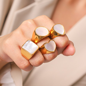 Simple Series Daily Heart Circle Rectangle Stainless Steel Waterproof   Gold Color  Shell Statement Rings h5 Picture4
