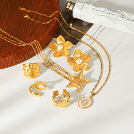 Simple Series Daily Flower Irregular Shape Star Stainless Steel Waterproof   Gold Color  Women's Jewelry Sets