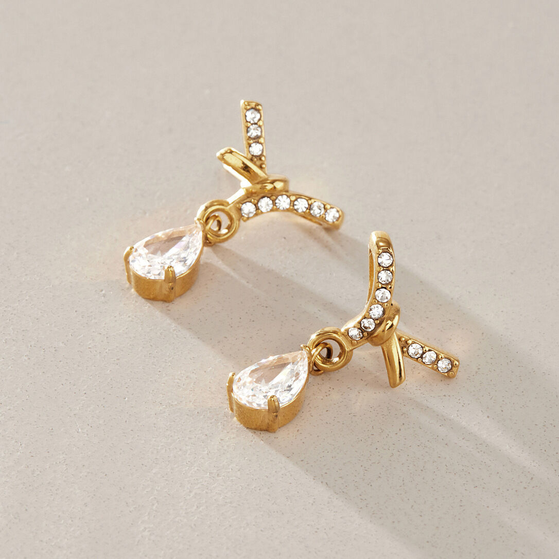 Bow Knot Stainless Steel Waterproof Gold Color Rhinestone Zircon Women's Drop Earrings Picture2