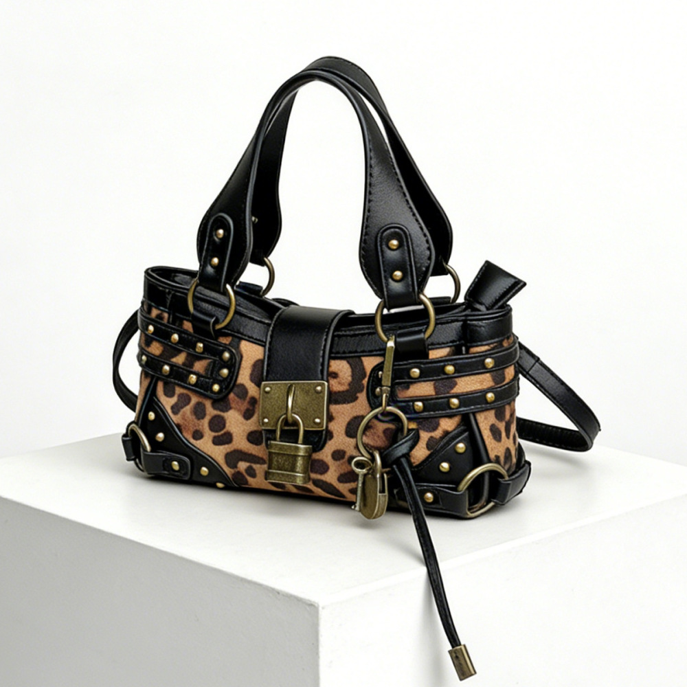 Streetwear Style Metal Hardware Patchwork Printed Studded Patchwork Leopard Print Lock Rivet Pu Women's Square Handbags 