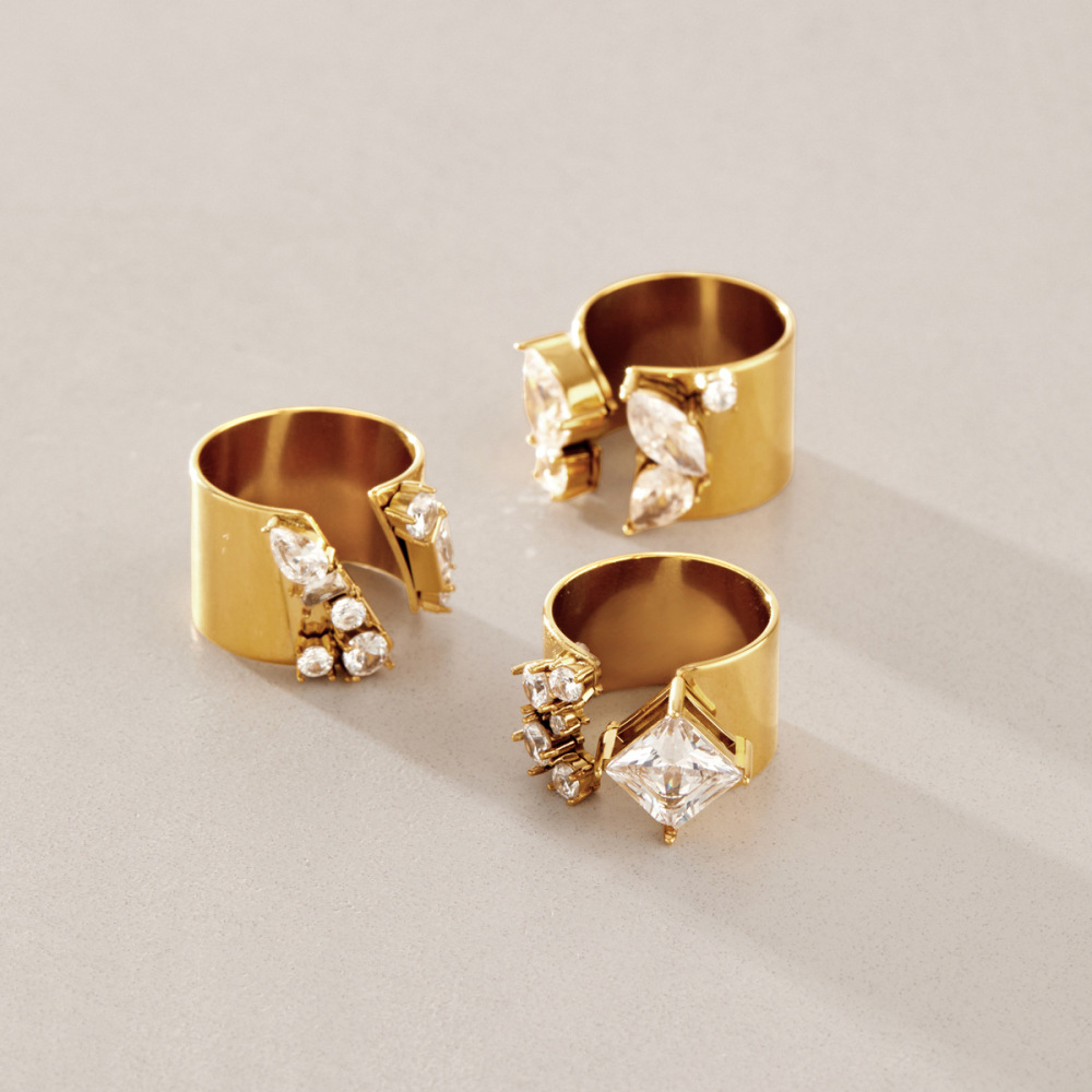 Luxurious Series Daily Irregular Shape Stainless Steel Waterproof   Gold Color  Zircon Women's Gemstone Rings Picture4