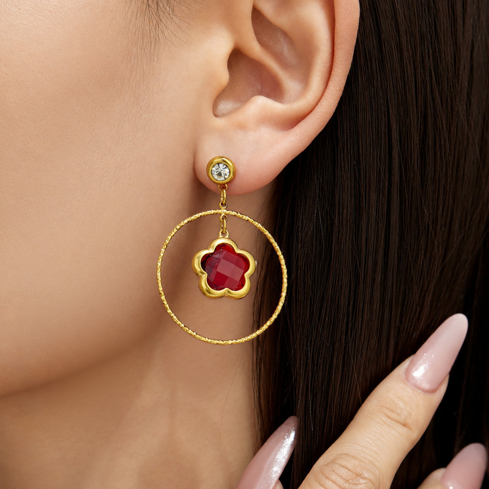 Luxurious Series Elegant Glass Flower Stainless Steel Waterproof Gold Color Zircon Women's Drop Earrings Picture3