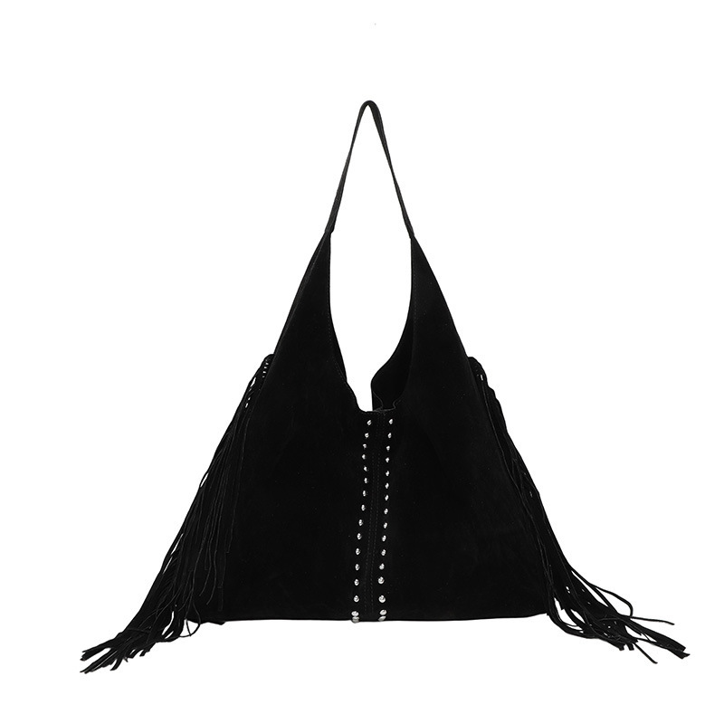 Boho Style Studded Tassel Solid Color Tassel Rivet Suede Women's Tote Shoulder Bags 