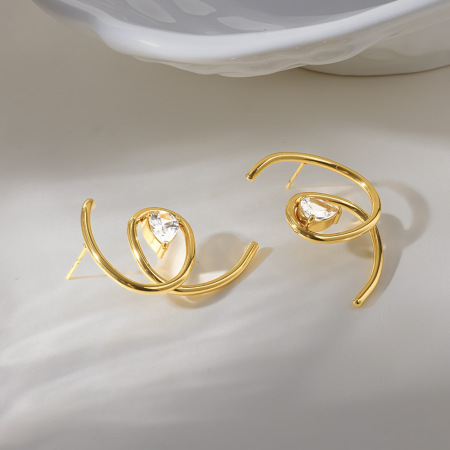 Simple Series Daily Droplet Lines Stainless Steel Waterproof Gold Color Zircon Women's Stud Earrings