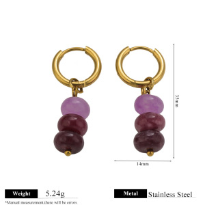 Simple Series Elegant Beads Circle Stainless Steel Waterproof   Gold Color  Natural Stone Women's Hoop Earrings h5 