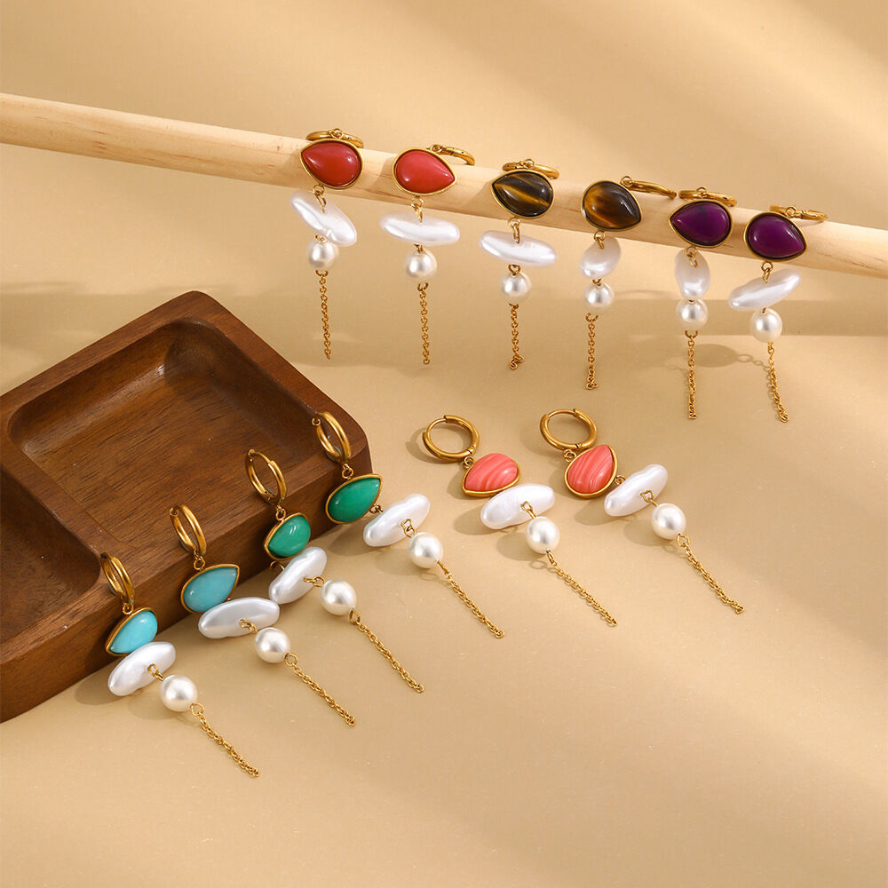 Romantic  Sweet Irregular Shape Beads Stainless Steel Waterproof   Gold Color  Natural Stone Women's Beads Earrings Picture3