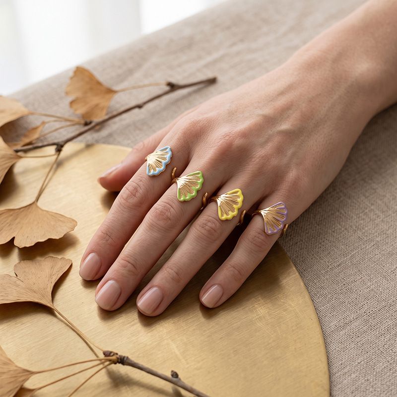 Enamel Leaf Shape Stainless Steel Waterproof Gold Color Statement Rings Picture2