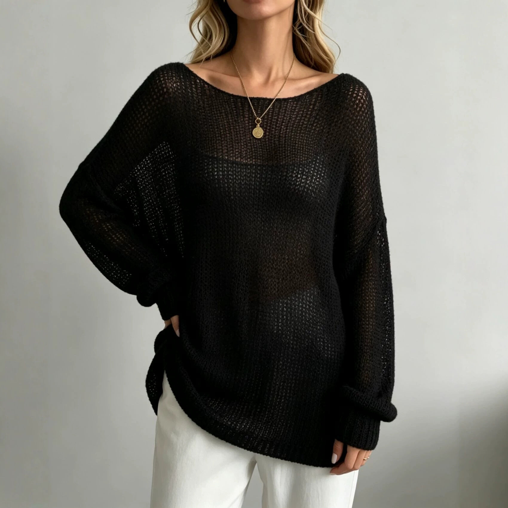 Lässiger, Einfarbiger, Transparenter, Locker Sitzender Strickpullover Aus Acryl Bild3
