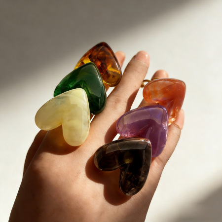 Simple Heart Gradient Color Resin Stainless Steel Gold Color Statement Rings
