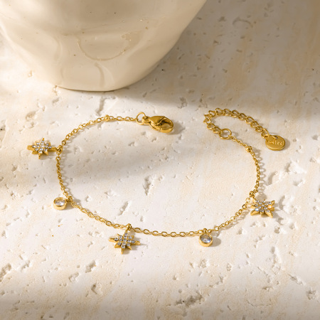 Simple Series Daily Flower Geometric Shape Stainless Steel Waterproof Gold Color Zircon Women's Chain Bracelets