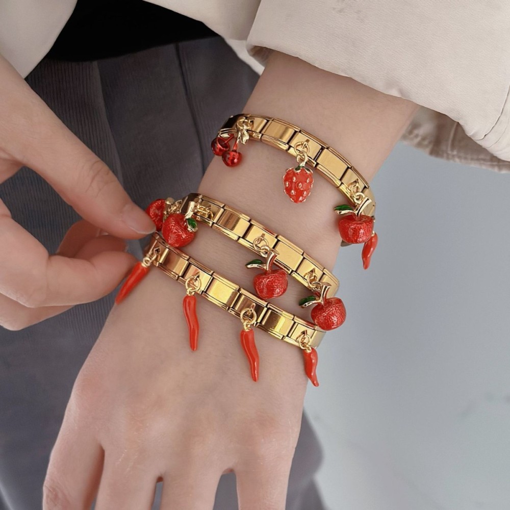 Luxurious Series Retro Fruit Patchwork Cherry Chili Stainless Steel Waterproof Gold Color Women's Bangles Picture2
