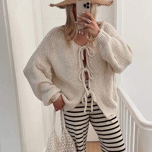 Elegante, Einfarbige Strickjacke Mit Bindebändern Und Lockerer Passform, Rundhalsausschnitt. h5 Bild3