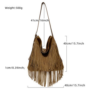 Borsa A Tracolla Quadrata Da Donna In Pelle Scamosciata, Tinta Unita, Stile Boho Con Nappine. h5 Immagine6