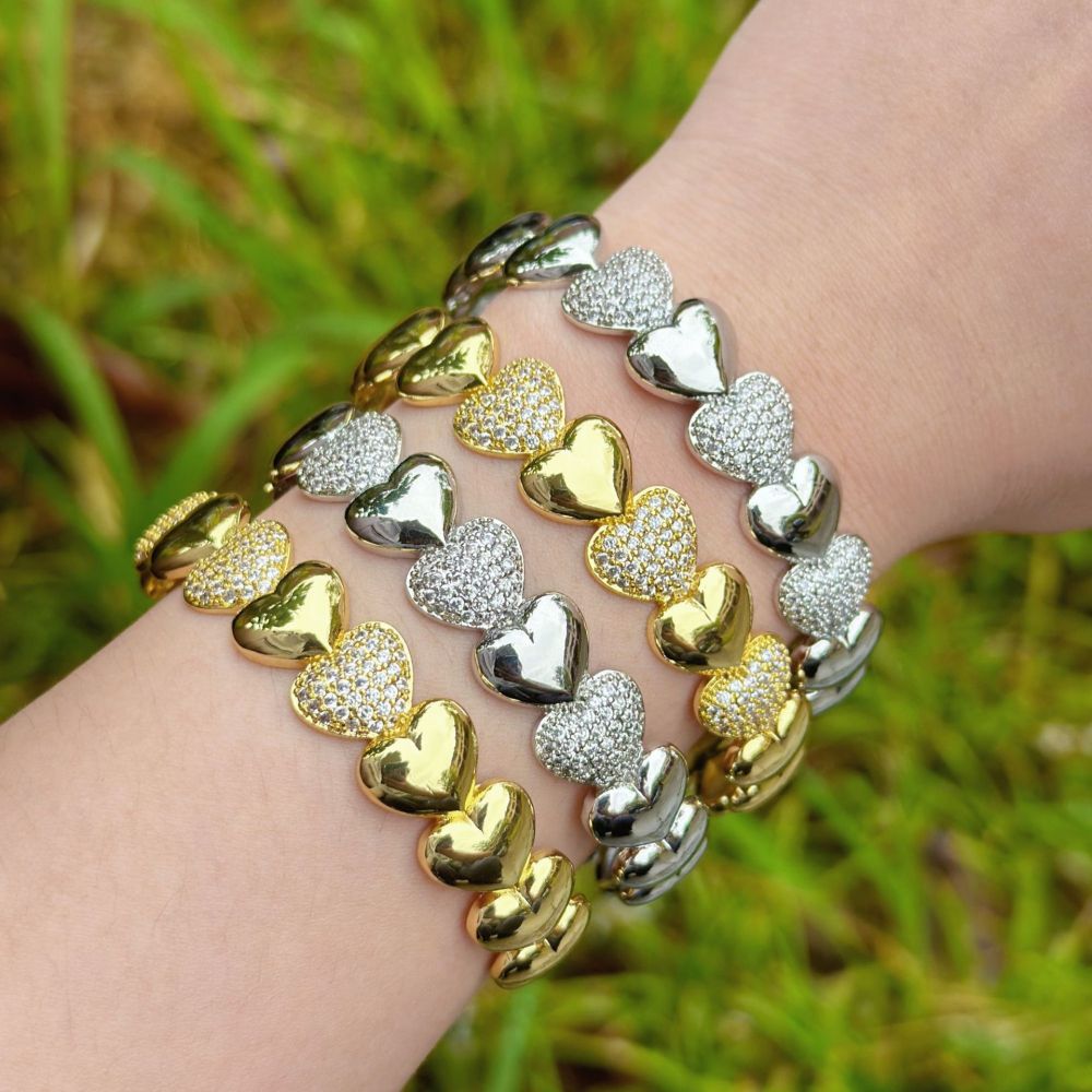 Luxurious Series Simple Heart Patchwork Copper Gold Color Zircon Women's Bangles Picture2