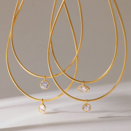 Simple Series Daily Droplet Ellipse Shape Stainless Steel Waterproof Gold Color Zircon Women's Chokers