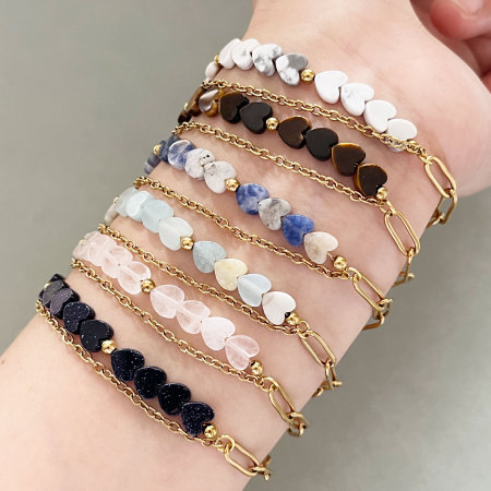 Retro Heart Chain Gradient Color Stainless Steel Waterproof Gold Color Natural Stone Women's Beaded Bracelets