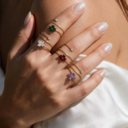 Clover Stainless Steel Waterproof Gold Color Zircon Women's Gemstone Rings