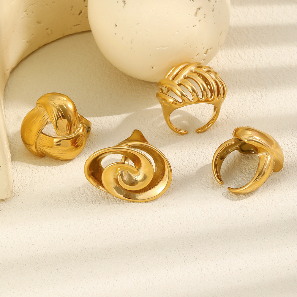Simple Series Daily Irregular Shape Hollowed-Out Stainless Steel Waterproof Gold Color Statement Rings h5Picture3