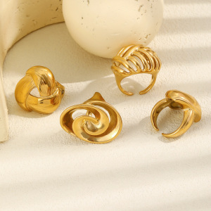 Simple Series Daily Irregular Shape Hollowed-Out Stainless Steel Waterproof Gold Color Statement Rings h5 Picture3