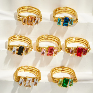 Luxurious Series Rectangle Stainless Steel Waterproof  Gold Color Zircon Women's Gemstone Rings h5 Picture2