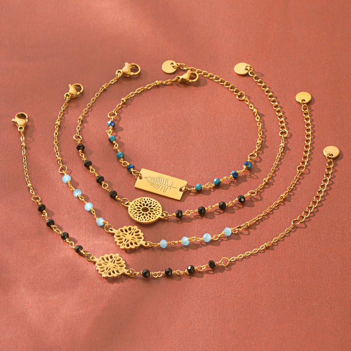 Pulseras De Cuentas Para Mujer De La Serie Simple Daily Beads, Con Cadena Calada, De Acero Inoxidable, Resistentes Al Agua Y Color Dorado. Imagen3