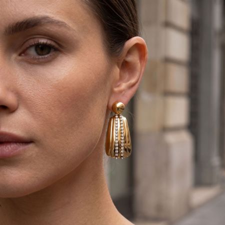 Orecchini Pendenti Da Donna Di Lusso A Forma Geometrica A Goccia, In Acciaio Inossidabile Color Oro Impermeabile Con Zirconi.